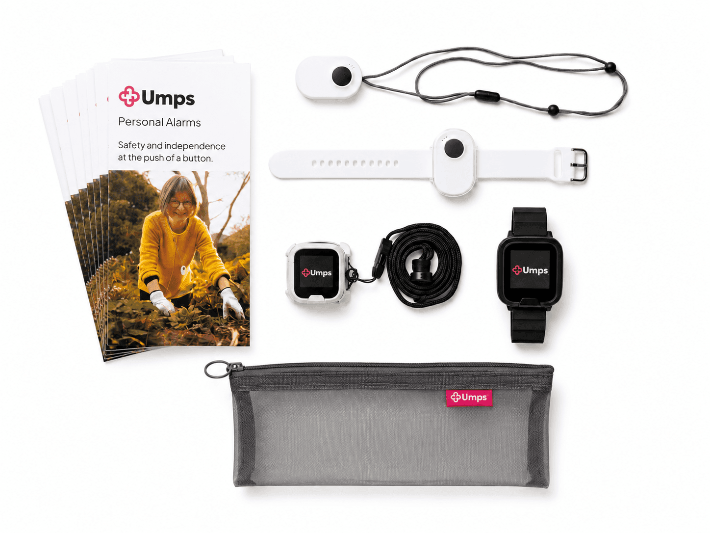 Demo kit contents: Hub, pendants, mobile alarm, quick-start card